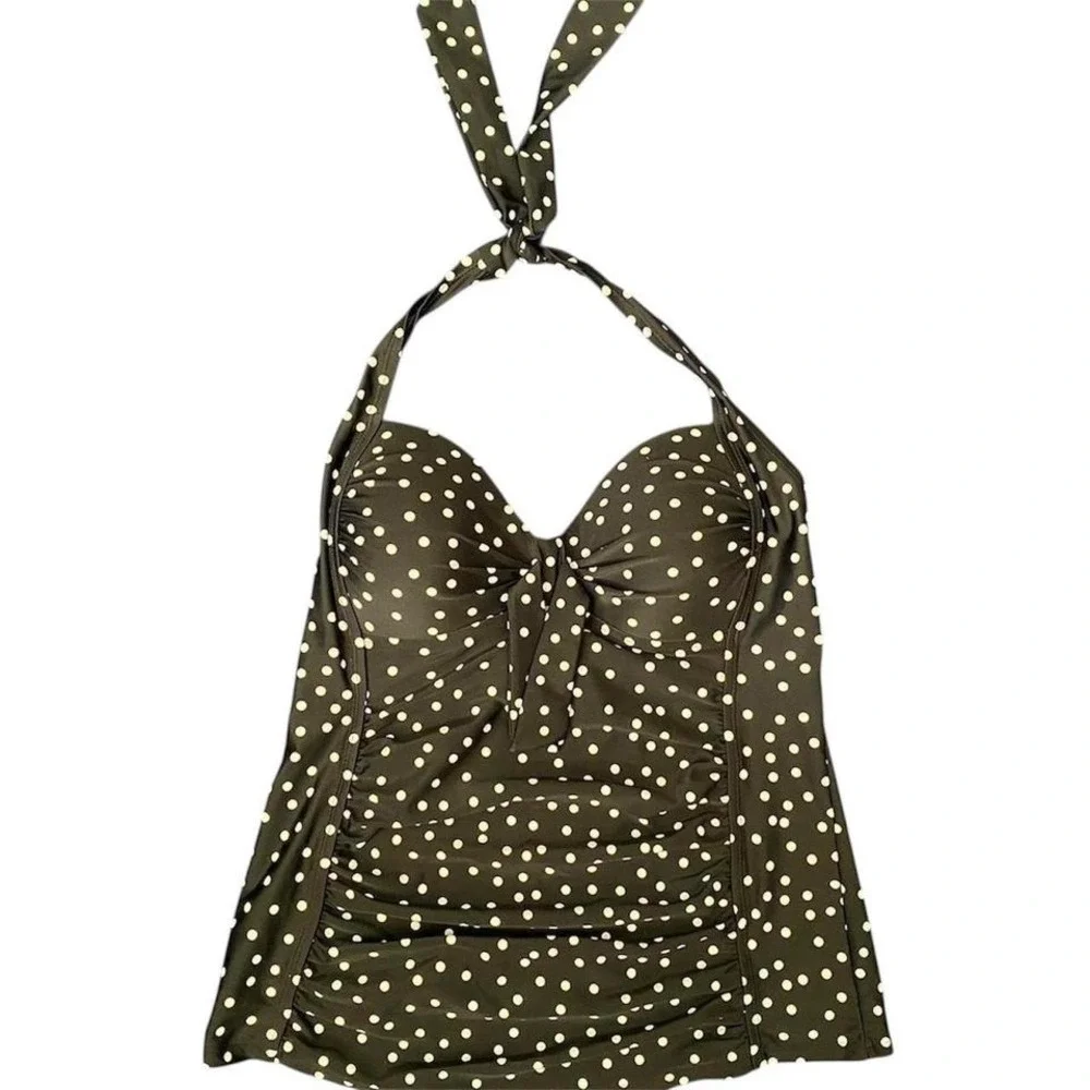 Y2K Merona Women Black‎ White Polka Dot Halter Tankini Top Ruched Swim Medium